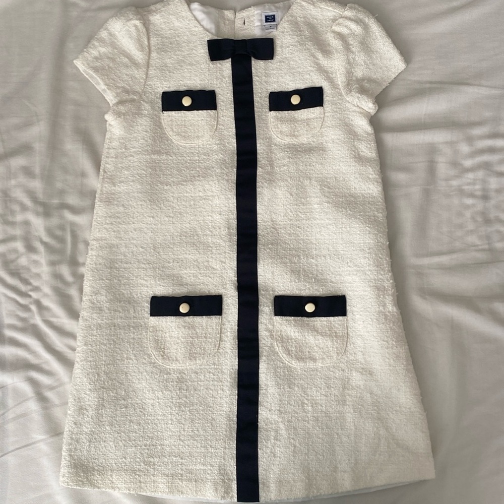 Janie and Jack white tweed dress with black bow and gold button detail. Size 6
